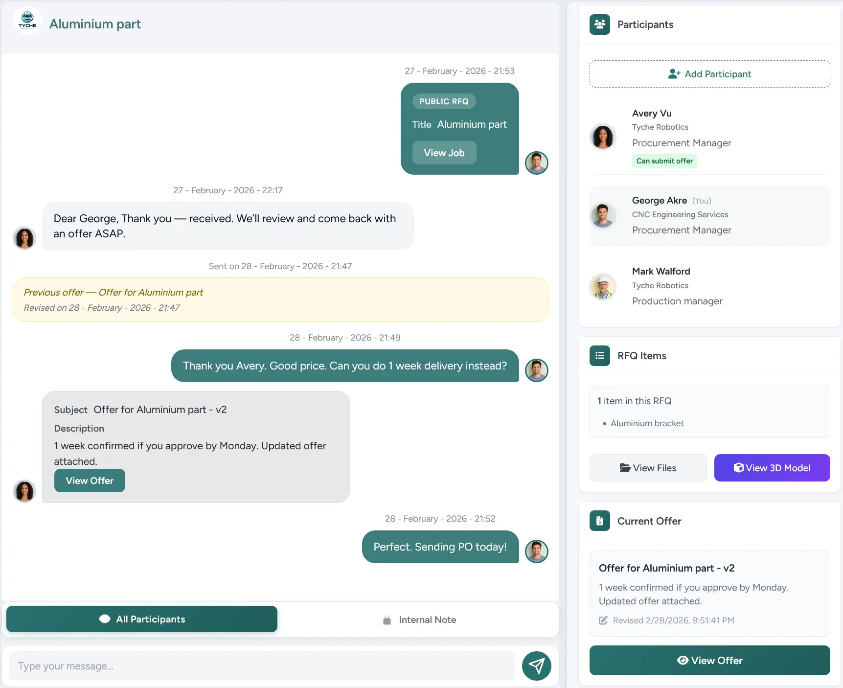 RFQ chat showing supplier questions and team responses
